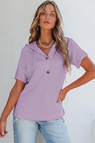 Image of Dokotoo Womens Summer Tops Waffle Knit Short Sleeve Lightweight Drawstring Hoodies Button V Neck Casual Blouses Shirts