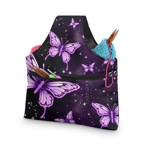 Image of ZUXONGSY Butterfly Yarn Bags for Crocheting Organizer Knitting Bag Yarn Storage Shelves Yarn Project Bag Travel Crochet Tote Bag,Large
