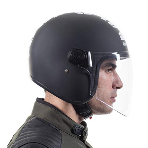 Image of Royal Enfield Open Face MLG Riding Helmet with Clear Visor Impact Protection, Excellent Scratch Resistance, Anti-Microbial Fabric Matt Black & White, Size: M (58Cm)