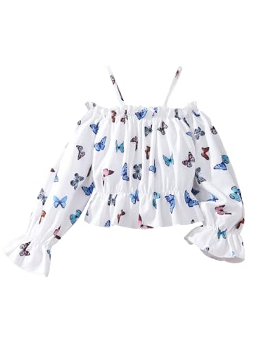 WDIRARA Girl's Butterfly Print Cold Shoulder Blouse Long Flounce Sleeve Peplum Top