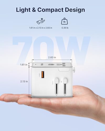 Image of VINTAR 70W GaN Universal Travel Adapter, 5 in 1 with 3 USB-C PD& 1 USB-A QC | International Power Adapter with 70W GaN Fast Charging, All-in-one for EU UK USA AUS, Worldwide Travel Essentials, White
