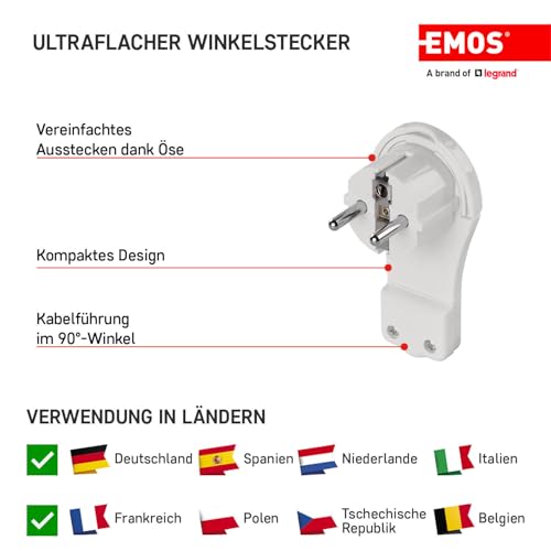 EMOS extraflacher Winkelstecker, Flacher Schutzkontaktstecker mit Lasche, Flachstecker/Schukostecker/Eurostecker mit Klappgriff, P0066-EMOS