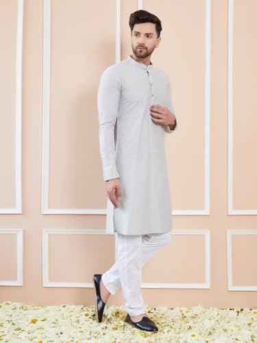Image of See Designs Men Full Sleeve Sleeve Side Slit Mandarin Collar Cotton Solid Straight Kurta with Pyjama