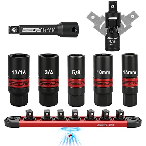8-Piece 3/8''-Drive Spark Plug Socket Set, Impact Spark Plug Socket Set with Magnetic Rail, SAE...