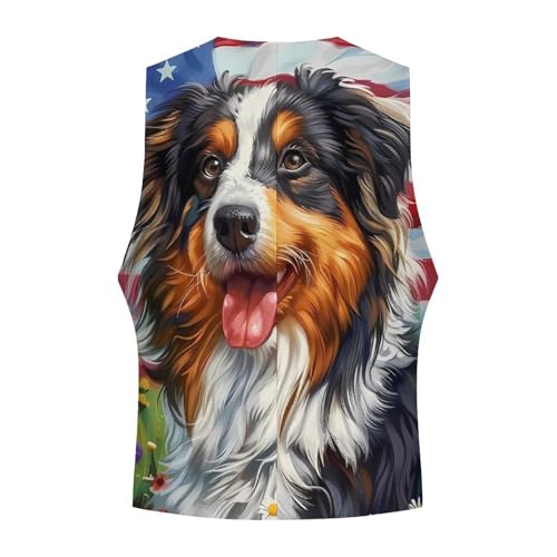 Australian Shepherd American US Flag Men's Suit Vest Waistcoat Vests Formal Dress with 2 Pockets for Business Casual Tuxedo4