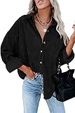 Magritta Long Sleeve Blouse for Women Girls Fashion Corduroy Solid Color Cuffed Collared V Neck Butt