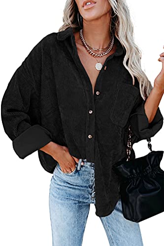 Magritta Long Sleeve Blouse For Women Girls Fashion Corduroy Solid Color Cuffed Collared V Neck Button Down Loose Fit Shirts Tops With Pockets Black Small #TOP8