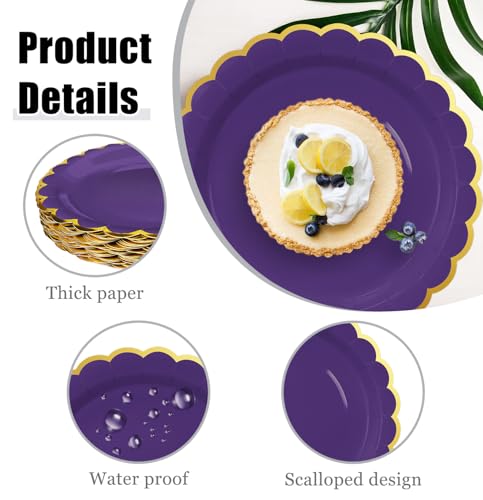 Image of HEIPINIUYE 50 Pieces Purple Paper Plates with Gold Foil 9 Inch Disposable Purple Scalloped Dinner Plates for Wedding Baby Shower Birthday Party Dessert Plate
