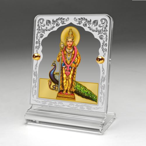 Image of Eknoor 24ct Gold Plated Murugan Ji Acrylic Crown Dashboard Frame | 24ct gold-plated Kartikeya Ji foil on arch crown acrylic frame with peacock and silver engraving