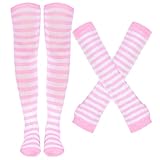 Tongcloud Womens Socks Striped Knee High Socks Arm Warmer Fingerless Gloves Set Over Knee Thigh High Arm Warmer Gloves (White and Pink)