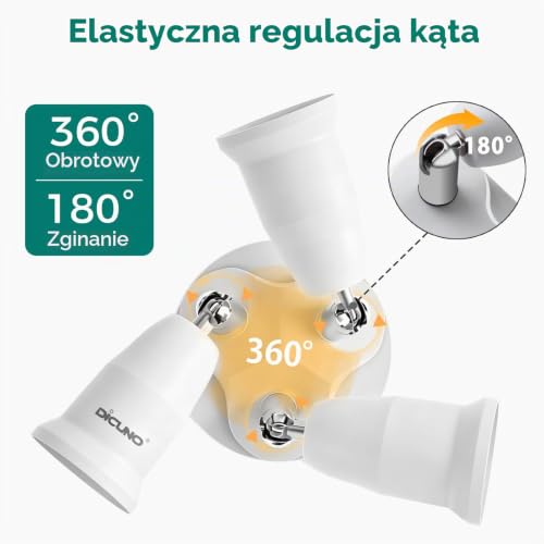 DiCUNO Adapter rozdzielacz 3 w 1, gwint E27, 3-krotny konwerter cokołu, oprawka E27 do żarówek LED, halogenowych, obracany o 360°, kąt nachylenia 180°
