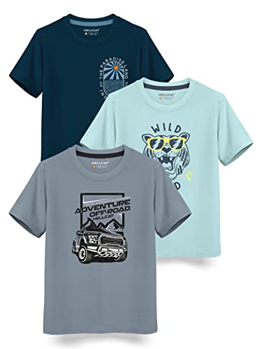 Image of HELLCAT Boys Round Neck Printed Blended Cotton Tshirt -Combo Pack of 2 - Orange /Blue