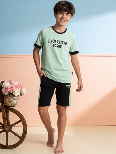 Image of Li'l Tomatoes Boys 100% Cotton Night Suit Set | Half Sleeve T-Shirt & Shorts | Color Block & Typography Print | Soft & Breathable Sleepwear | Casual Summer Wear | 9-16 Years