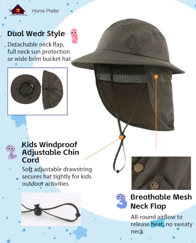Image of Home Prefer UPF 50+ Boys Sun Hat with Neck Flap Wide Brim Summer Beach Bucket Hat for Boys Girls Toddler Kids Safari Hat