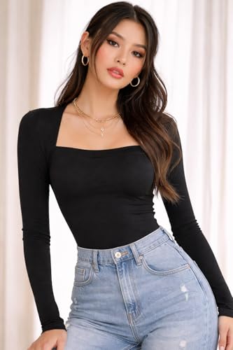 Image of Toochki Tops for Women Long Crop Top for Women's Tank Activewear Tee Sports Casual Square Neck Cotton Camisole Sleeve Full