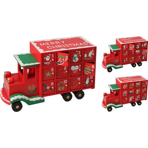 Image of Wooden Christmas Truck Advent Calendar | Festive Red Truck with 24 Drawers for Treats & Surprises | Reusable Wooden Chritsmas Calendar - 29cm ~ Design Varies