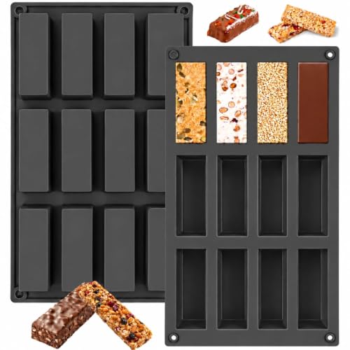 YXHZVON 2 PCS Moules Pour Barres De Céréales, 12 Cavités Moule Silicone Rectangulaire, Anti adhésif Moule à Chocolat pour truffe, Pain, Muffin, Brownie, Pain de maïs, Cheesecake et Savon (Noir)