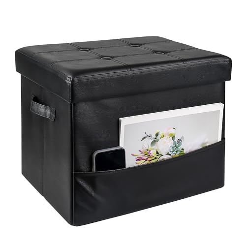 Luminexis Foldable Storage Ottoman&mdash;Multi-Functional Black Leather Foot Rest Stool with Thick Foam...