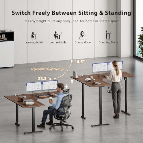 Image of 63 Inch L Shaped Electric Standing Desk, Corner Workstation, Dark Walnut | 3 AC outlets, 2 USB ports, cable tray, cord clips, 3 memory presets, anti-collision and 176 lb capacity for home office.