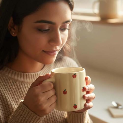 Image of The Earth Store Cream Apple Coffee Mug - 300ML Ceramic Coffee Mugs Set of 6 | Microwave & Dishwasher Safe Mugs for Gift | Home | Office | Restaurant | Daily Use