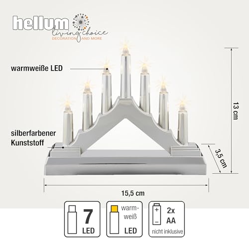 Hellum, LED-Kerzenleuchter, Schwibbogen, Kunststoff, Silber, 7 warm-weiße LEDs, 16x13 cm, Indoor, batteriebetrieben (2AA), Weihnachts-Dekoration, 520934 – Bild 2