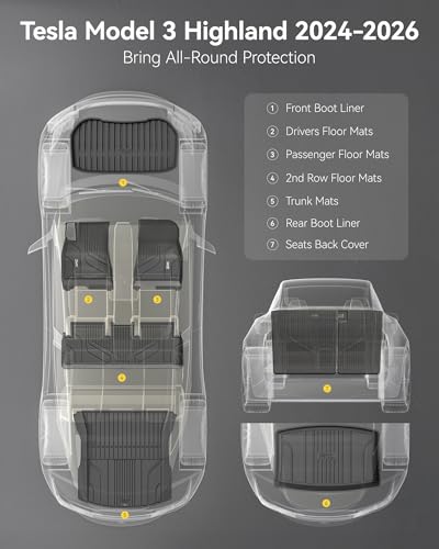 Image of 3W Floor Mats with Metal Pedal for Tesla Model 3 Highland 2024-2026 | Full Set with Seatback Protector, TPE All Weather Custom Fit Rear Trunk Mat,Cargo Liner Model 3 Accessories, Black