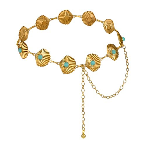 Kyutong Gold Plated Seashell Chains Link Turquoise Beads Decoration Waist Chain Belt for Women Western Metal Belly Body Belts with Extension Chain
