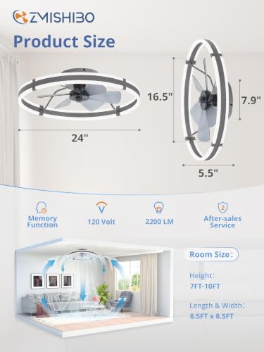 Image of ZMISHIBO Low Profile 24'' Ceiling Fans with Lights and Remote, Gray | 3000-6000K Dimmable LED Fandelier, Quiet DC Motor, Reversible Airflow, 6 Wind Speeds, Timer, Bedroom, Living Room, Kitchen
