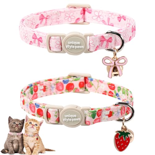 Unique Style Paws Pink Flower Kitten Collars Cute Pink Bow Cats Collar with Bell Kitten Collar Breakaway Buckle with Heart Pattern Adjustable Flower Cat Collars Ideal Gift for Boy Girl Cats