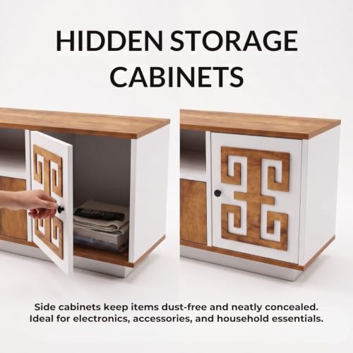 Image of FFO Grecian TV Unit for Living Room 55 Inch TV | TV Cabinet with 2 Drawers, 2 Side Cabinets & Open Media Shelf | Engineered Wood Entertainment Unit for Set-Top Box & Gaming Console | DIY