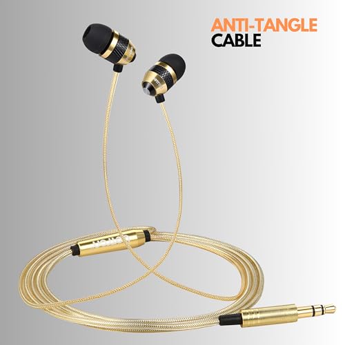 Image of Betron B25 Earphones, Noise Isolating in-Ear Wired Headphones with Strong Bass, Tangle-Free Cord, Lightweight, Carry Case and Soft Earbud Tips, Gold