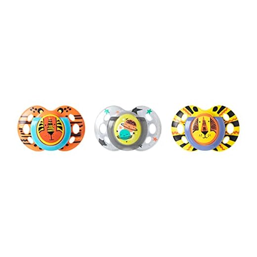 Tommee Tippee Day and Night Pacifiers, Symmetrical Design, BPA-Free Silicone Binkies, 18-36m, 3-Count, Colors and Designs May Vary