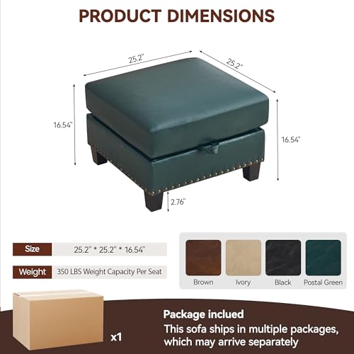Image of 25.2 inch Faux Leather Storage Ottoman Bench for Couch, Vintage PU Leather Foot Stool with Nailhead Trim for Sofas, Mid Century Modern Hidden Storage Footrest for Living Room, Office, Forest Green