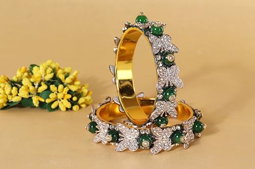 Image of LAVAZZA Stylish Butterfly Design Golden Metal with Zircon Diamond & Pearls Moti Bangles Kada For Women & Girls | Traditional Girl's Bangles Bracelet | Women's Kangan Wedding, Party-Set of 2