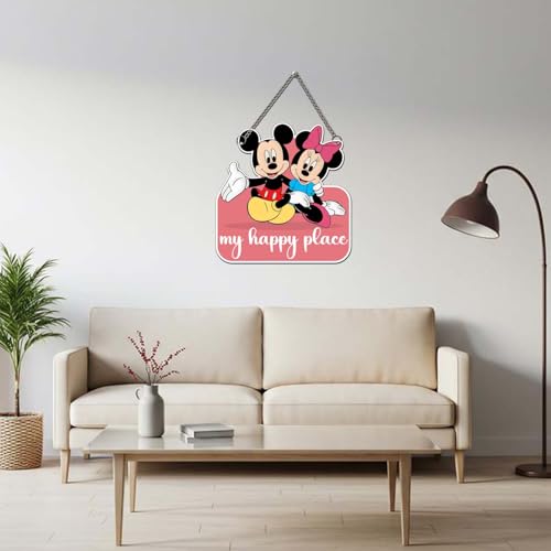 Image of GIFTMEBAZAR My Happy Place With Mickey Mouse Cartoon Theme Wooden Wall Hanging For Home, Living Room & Office Decor | Wall Art | Modern Decor Item