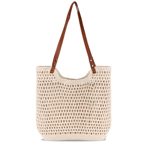 Image of Crochet Beach Bag for Women, Woven Beach Tote with Zipper Closure, Large Boho Summer Bag for Vacation & Pool