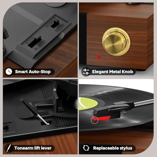 Fydee Record Player, Vinyl Player With Speakers, Bluetooth Support, 33/45/78 Rpm Speed Switching And Rca Line Output, Red Walnut - 6