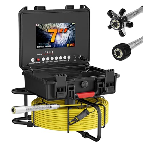 Telecamera Di Ispezione Tubi DVR,7 Videocamera Per Ispezione Tubi,Industrial Drenare Endoscopio Rilevatore Di Tubi Con 12 Luci LED Regolabili,per Conduttura Ispezio(Size:20 M/65 FT,Color:cavo giallo)