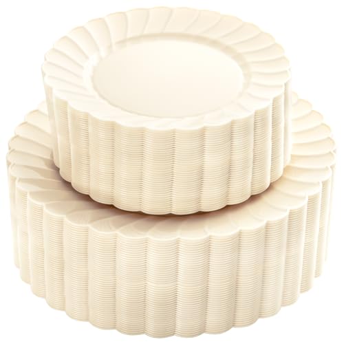 YOUBET 100PCS Ivory Scalloped Plastic Plates - Heavy Duty Disposable Fancy Hard Plates Include 50 Dinner Plate 50 Dessert Plate for Wedding & Party