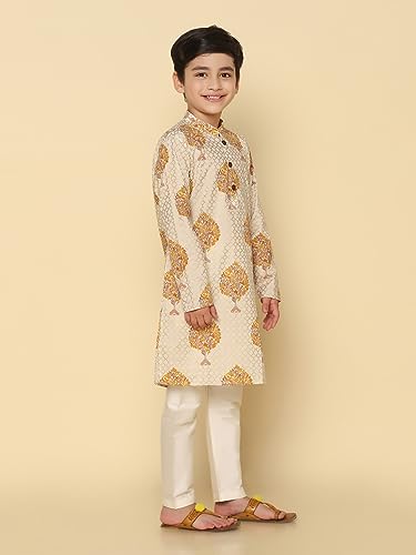 Image of KISAH Kid's Full Sleeves Cotton Blend Knee Length Printed White Kurta Pyjama Set (3-4Y)