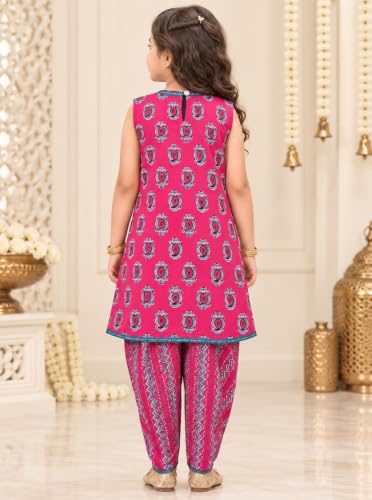 Image of superminis Girls Cotton Sangakari Print A Line Style Sleeveless, Round Neck Kurti and Dhoti with Elastic Closure Ethnic Wear