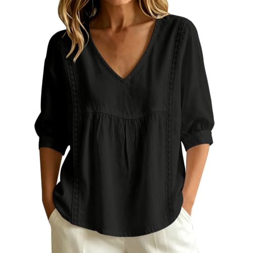 Women Cotton Linen 3/4 Sleeve Blouses Lace Trim Loose Casual Tops