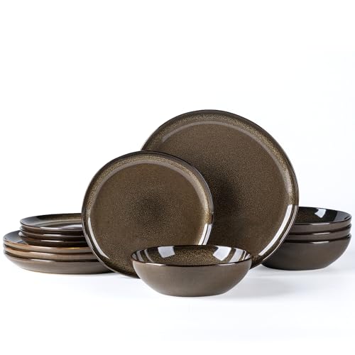 Image of AmorArc Ceramic Dinnerware Sets for 4, 12Pcs Plates and Bowls Sets Dishes | Stoneware Handmade Reactive Glaze Dinner Set, Highly Scratch Resistant | Dishwasher & Microwave Safe Dishware