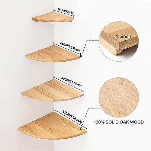 Corner Shelf Wall Mount, 12inch Oak Wood Floating Corner Shelf Round End Small Corner Nightstand Plant Shelf Wall Mount for Kitchen, Living Room, Bedroom