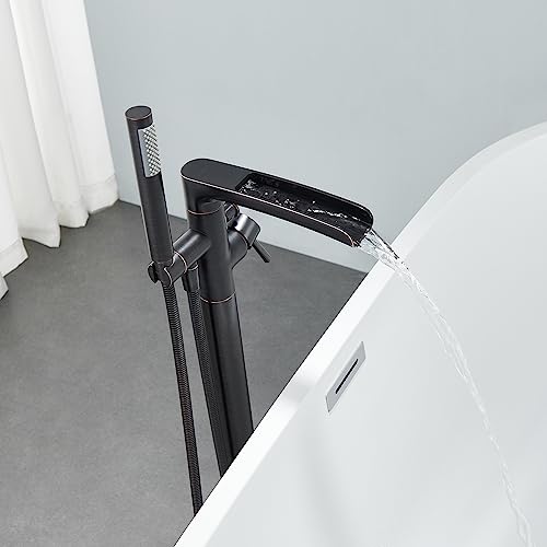 Wowkk Waterfall Freestanding Bathtub Faucet Oil Rubbed Bronze Floor Mount Tub Filler Brass Single Handle Bathroom Faucets With Hand Shower #TOP7