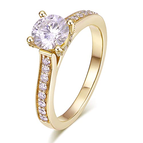 HAFEEZ CENTER 14K Solid Gold D Color VVS 1ct 6.5mm Round Brilliant Cut Halo Solitaire Moissanite Engagement Rings for Women (Yellow-Gold, 8.5)