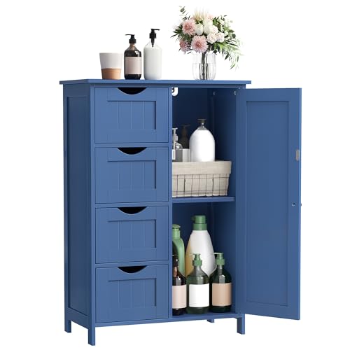 VASAGLE Armario de Baño, Mueble de Baño Estrecho, Cómoda de Baño, Cajonera con 4 Cajones, Armario con Puerta, Estante Ajustable, 30 x 55 x 82 cm, Azul Bahía LHC041QE02