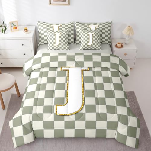 Image of Erosebridal Sage Green Checkered Queen Bedding Set 7 Piece Plaid Initial J Bed in A Bag with Sheets Personalized Monogram Comforter Set for Kids Adults,Fashion Grids Gingham Bed Sets