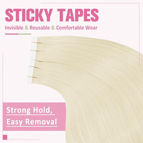 Image of YoungSee Tape in Extensions Platinum Blonde Human Hair Tape in Extensions Blonde Tape in Hair Extensions Human Hair Invisible Tape-in extension Real Human Hair 20 Inch 50g Tapes Extension for Wedding