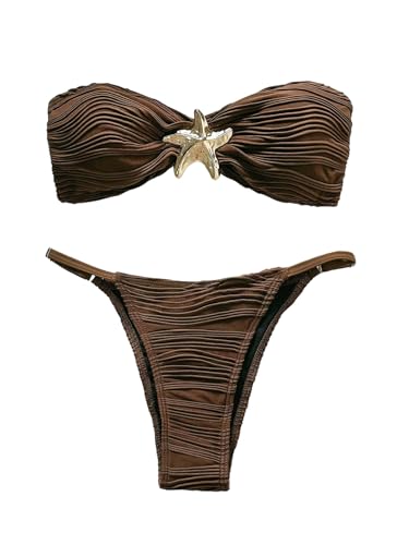 GORGLITTER Women's Strapless Bandeau Swimsuit High Cut G String Thong Cheeky Metal Bikini Sets